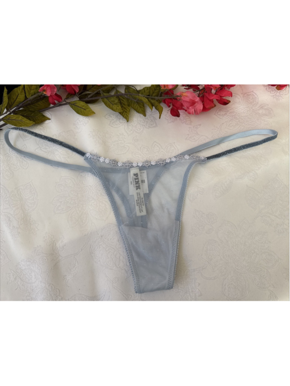 PINK VICTORIA'S SECRET M BLUE FROST SNOW SHINE STRAP STRING THONG PANTIES NWT